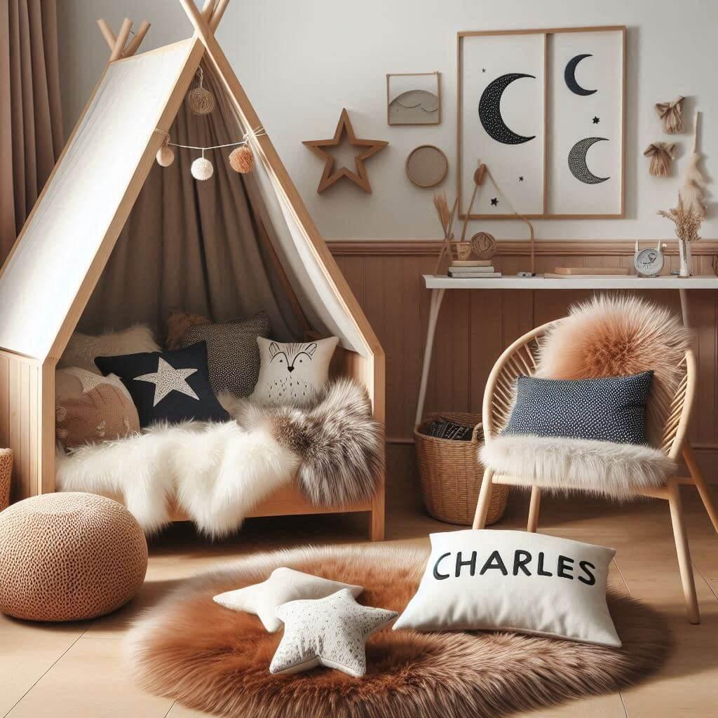 Une chambre de petit garcon qui se nomme charles avec un lit cabane un tapis de fourure style scandinave coussins en forme detoiles coussins en forme de lune charles est brode sur