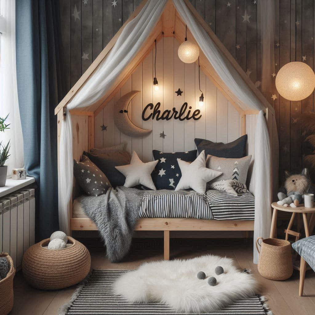Une chambre de petit garcon qui se nomme charlie avec un lit cabane un tapis de fourrure style scandinave coussins en forme detoiles coussins en forme de lune le prenom charlie est