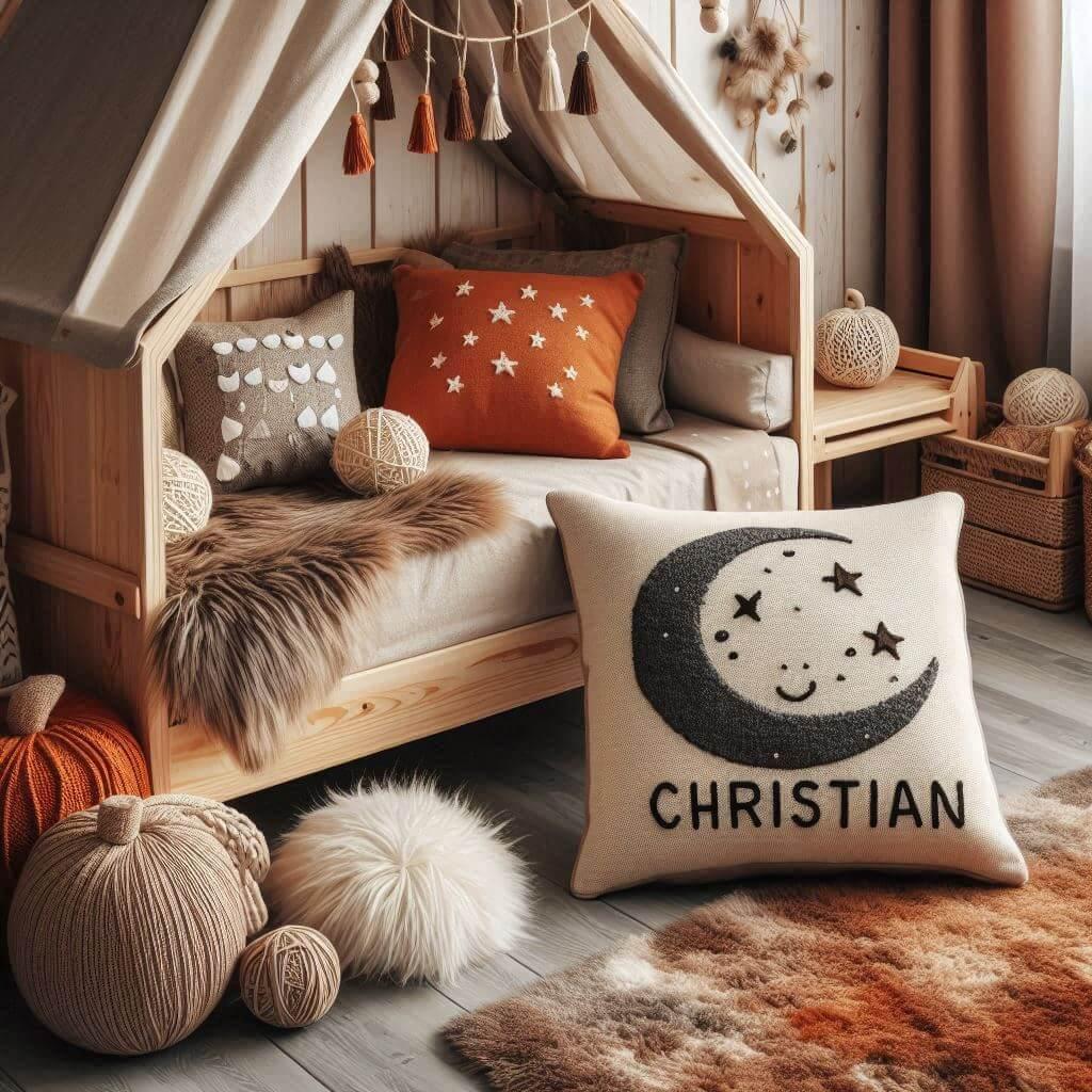 Une chambre de petit garcon qui se nomme christian avec un lit cabane un tapis de fourrure style scandinave des coussins en forme de toiles des coussins en forme de lune et christi