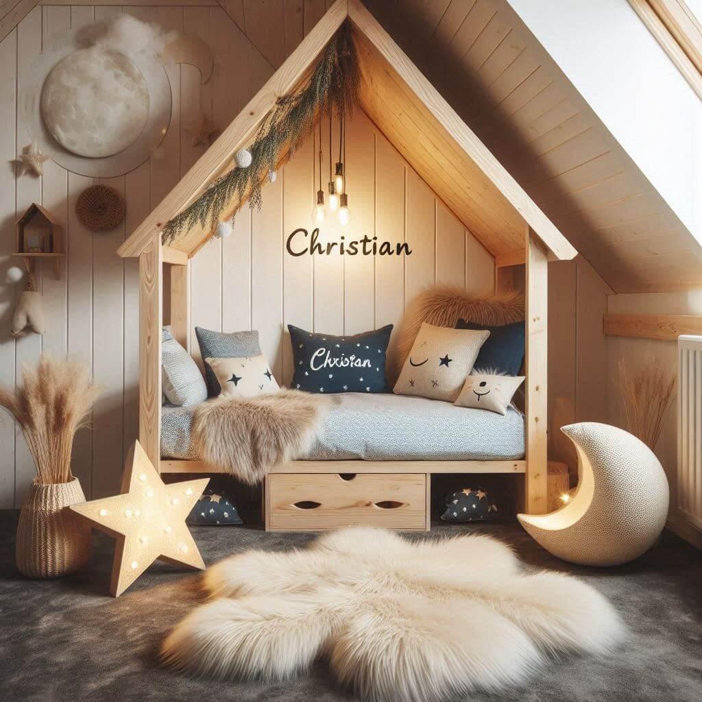 Une chambre de petit garcon qui se nomme christian avec un lit cabane un tapis de fourure style scandinave coussins en forme detoiles coussins en forme de lune le prenom christian