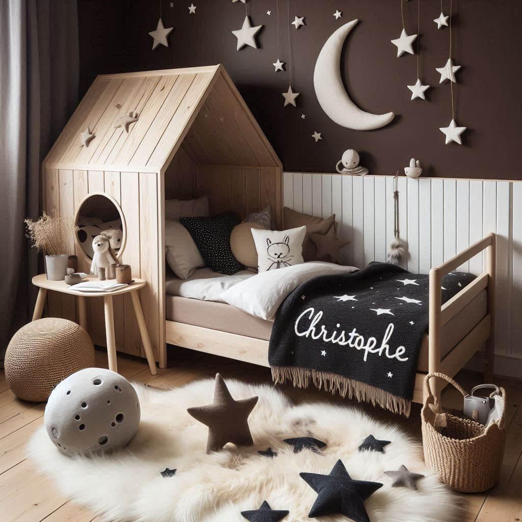 Chambre garçon style scandinave avec lit cabane et coussin brodé Christophe