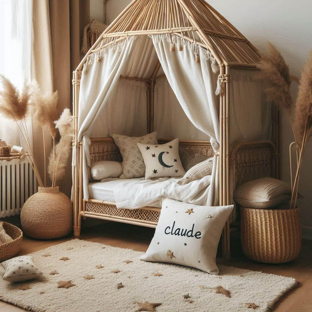 Chambre petit garçon Claude avec lit cabane en rotin, tapis en laine, déco bohème chic, coussins en lin brodé, ambiance douce et naturelle