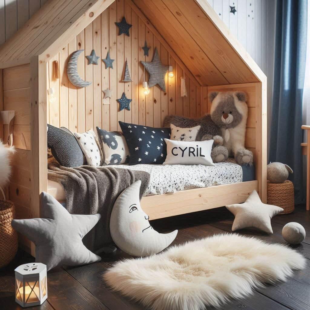 Une chambre de petit garcon qui se nomme cyril avec un lit cabane un tapis de fourrure style scandinave coussins en forme detoiles coussins en forme de lune le prenom cyril est ecr