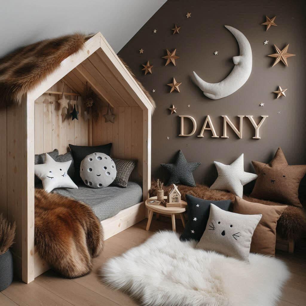 Une chambre de petit garcon qui se nomme dany avec un lit cabane un tapis de fourrure style scandinave des coussins en forme detoiles des coussins en forme delune dany est brode su