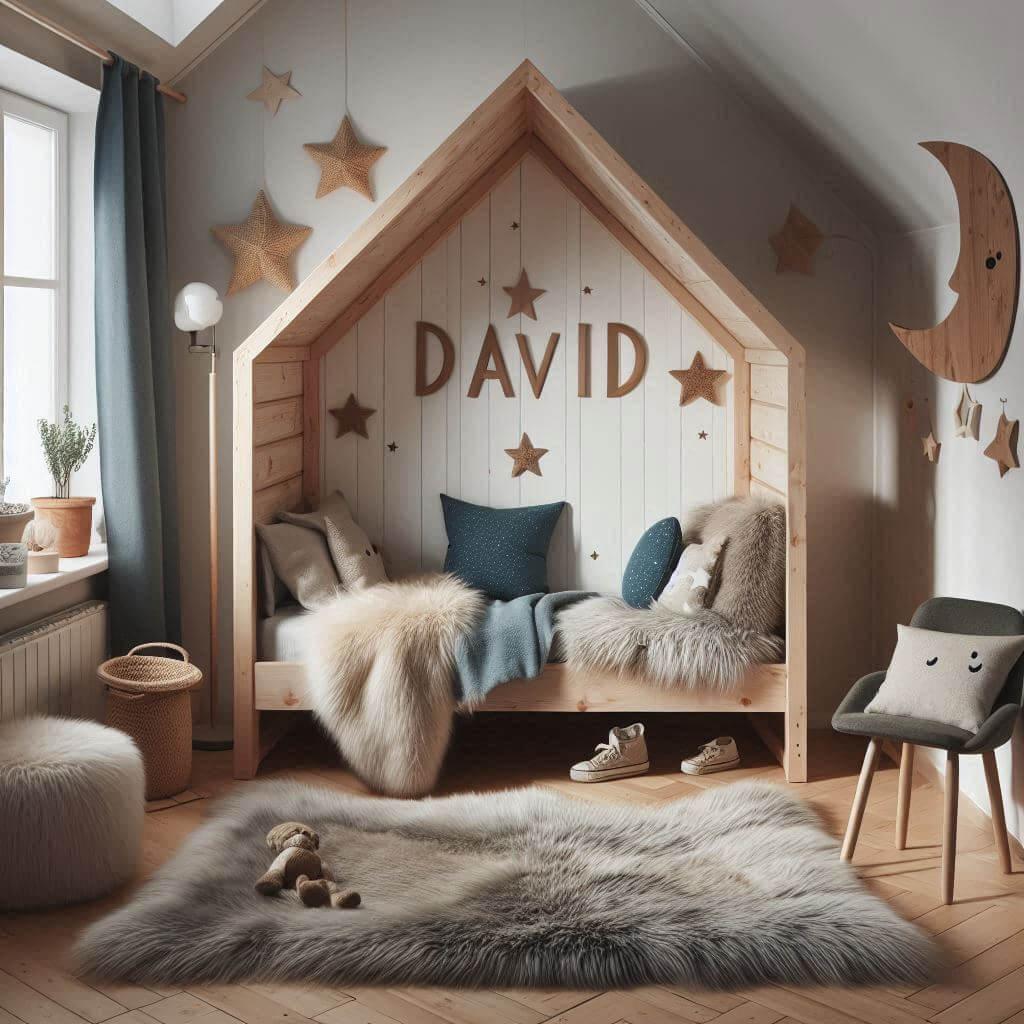 Une chambre de petit garcon qui se nomme david avec un lit cabane un tapis de fourure style scandinave coussins en forme detoiles coussins en forme de lune 1