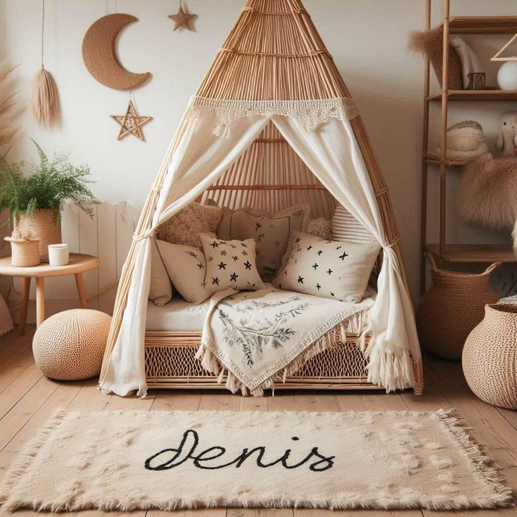 Une chambre de petit garcon qui se nomme denis avec un lit cabane en rotin un tapis en laine moelleuse style boheme chic une deco douce et naturelle des coussins en lin brode en fo