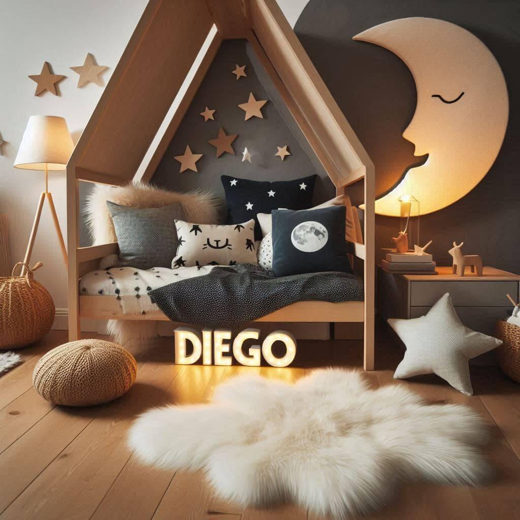 Une chambre de petit garcon qui se nomme diego avec un lit cabane un tapis de fourure style scandinave