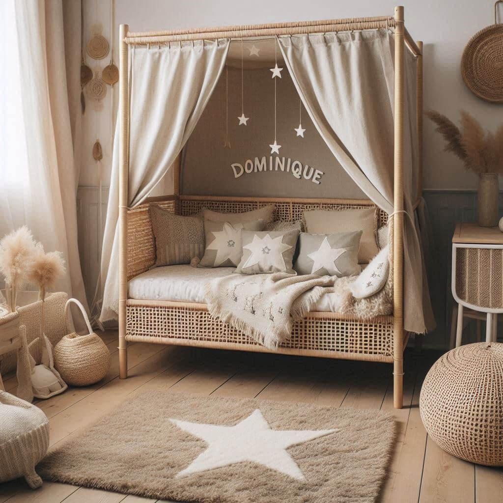 Une chambre de petit garcon qui se nomme dominique avec un lit cabane en rotin un tapis en laine moelleuse style boheme chic une deco douce et naturelle des coussins en lin brode e