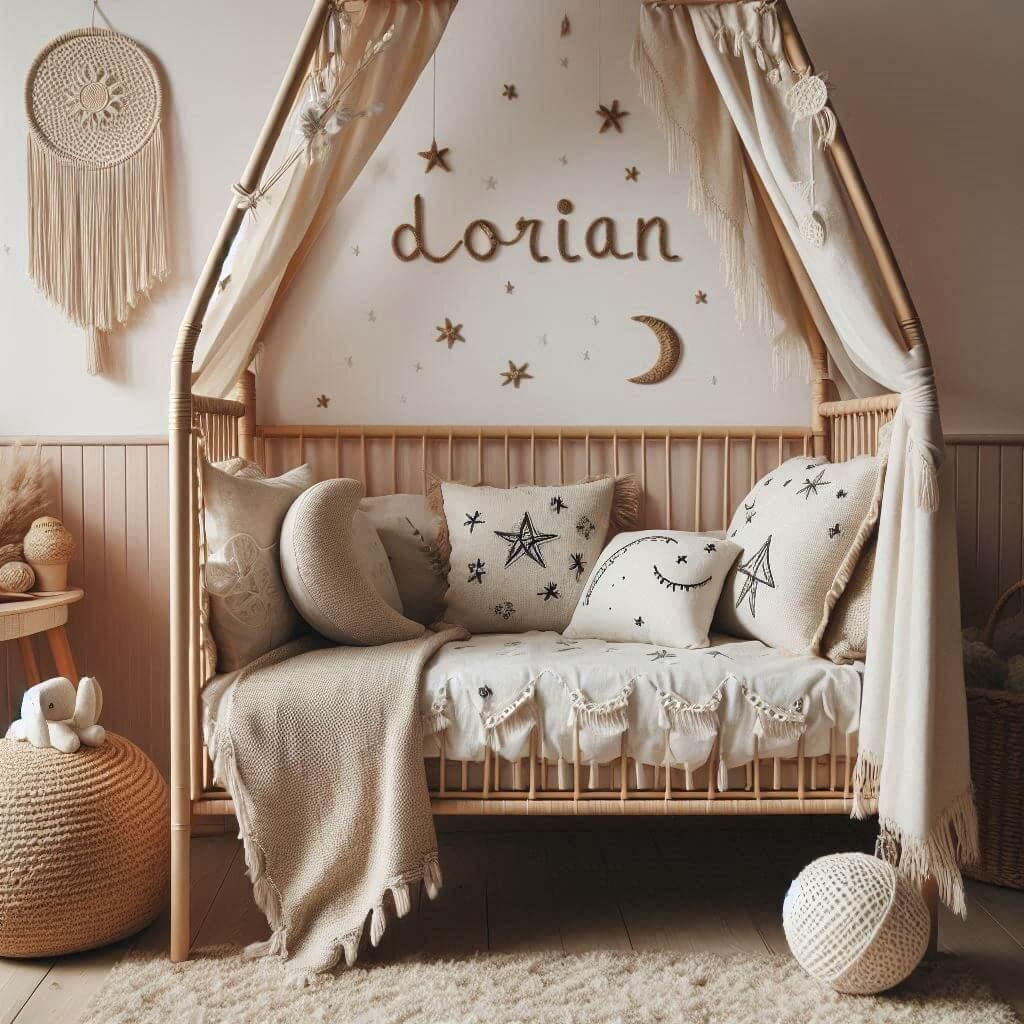 Une chambre de petit garcon qui se nomme dorian avec un lit cabane en rotin un tapis en laine moelleuse style boheme chic une deco douce et naturelle des coussins en lin brode