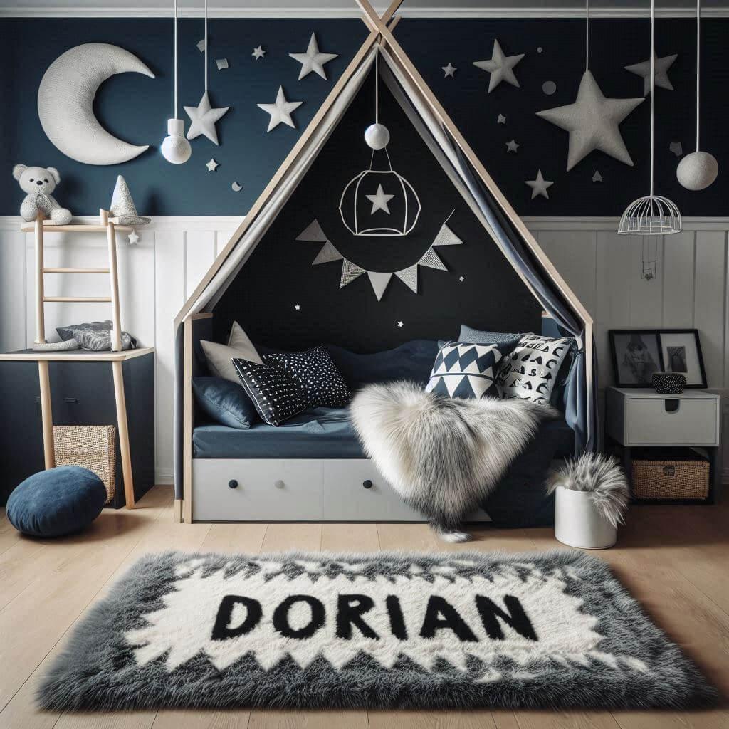 Une chambre de petit garcon qui se nomme dorian avec un lit cabane un tapis de fourrure style scandinave coussins en forme detoiles coussins en forme de lune