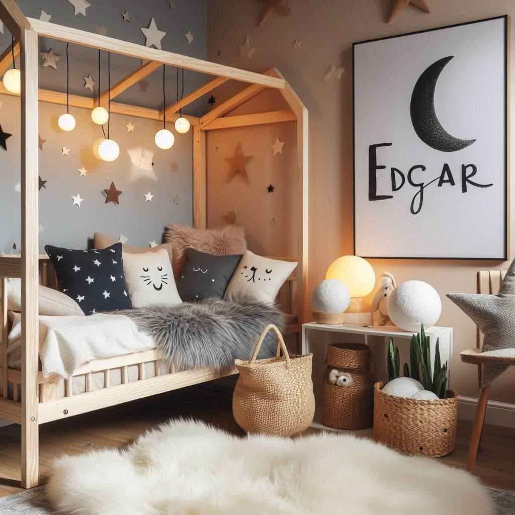 Une chambre de petit garcon qui se nomme edgar avec un lit cabane un tapis de fourrure style scandinave coussins en forme detoiles coussins en forme de lune le prenom edgar est ecr