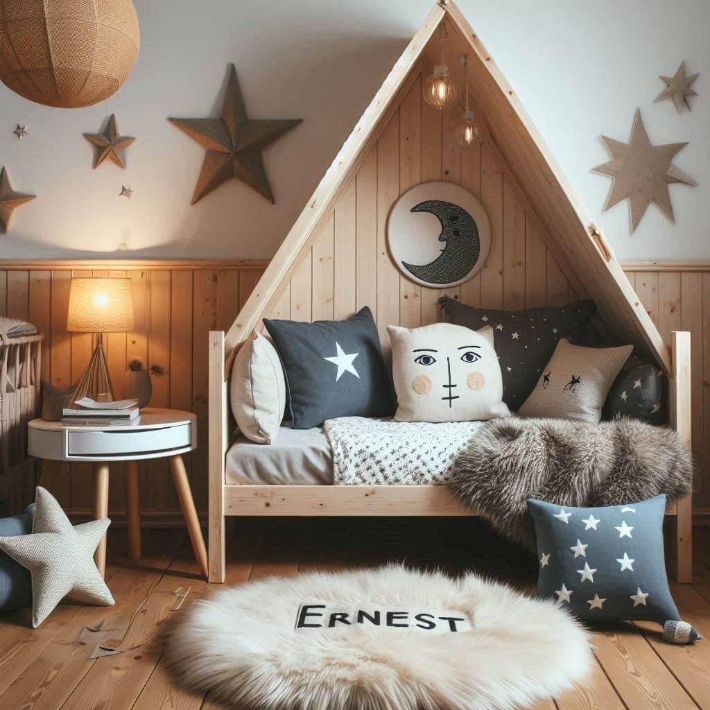 Une chambre de petit garcon qui se nomme ernest avec un lit cabane un tapis de fourrure style scandinave coussins en forme d etoiles coussins en forme de lune ernest est brode sur