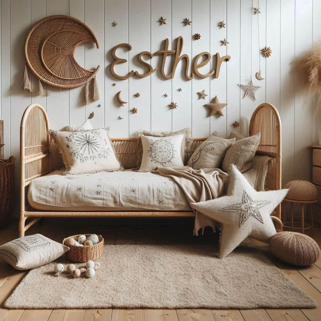 Chambre de petite fille nommée Esther avec un lit cabane en rotin, tapis en laine moelleuse style bohème chic, décoration douce et naturelle, coussins en lin brodés.
