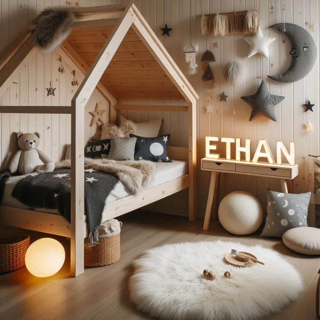 Une chambre de petit garcon qui se nomme ethan avec un lit cabane un tapis de fourure style scandinave coussins en forme detoiles coussins en forme de lune le prenom ethan est ecri