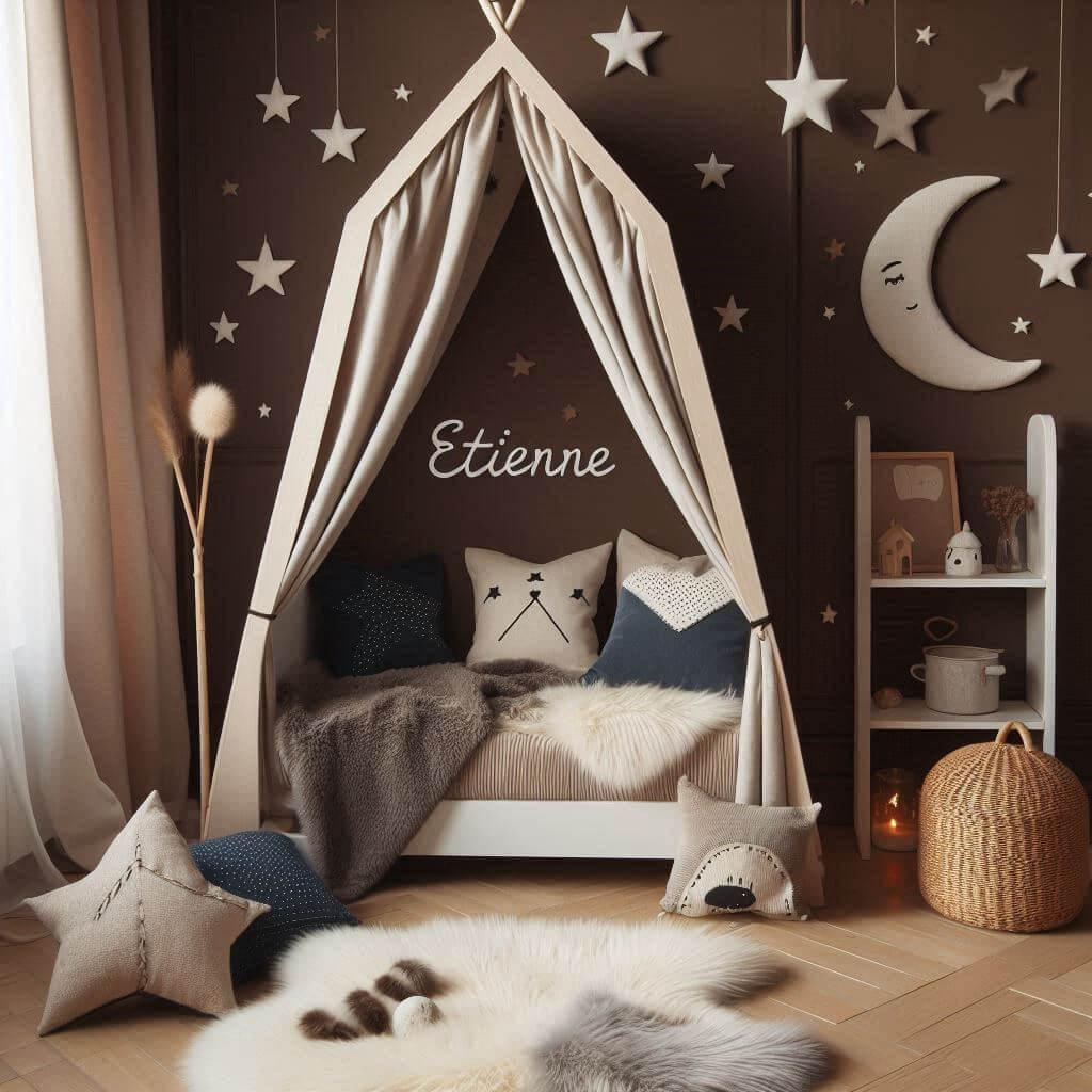 Chambre de garçon Étienne avec lit cabane, tapis de fourrure et coussins étoiles et lune.