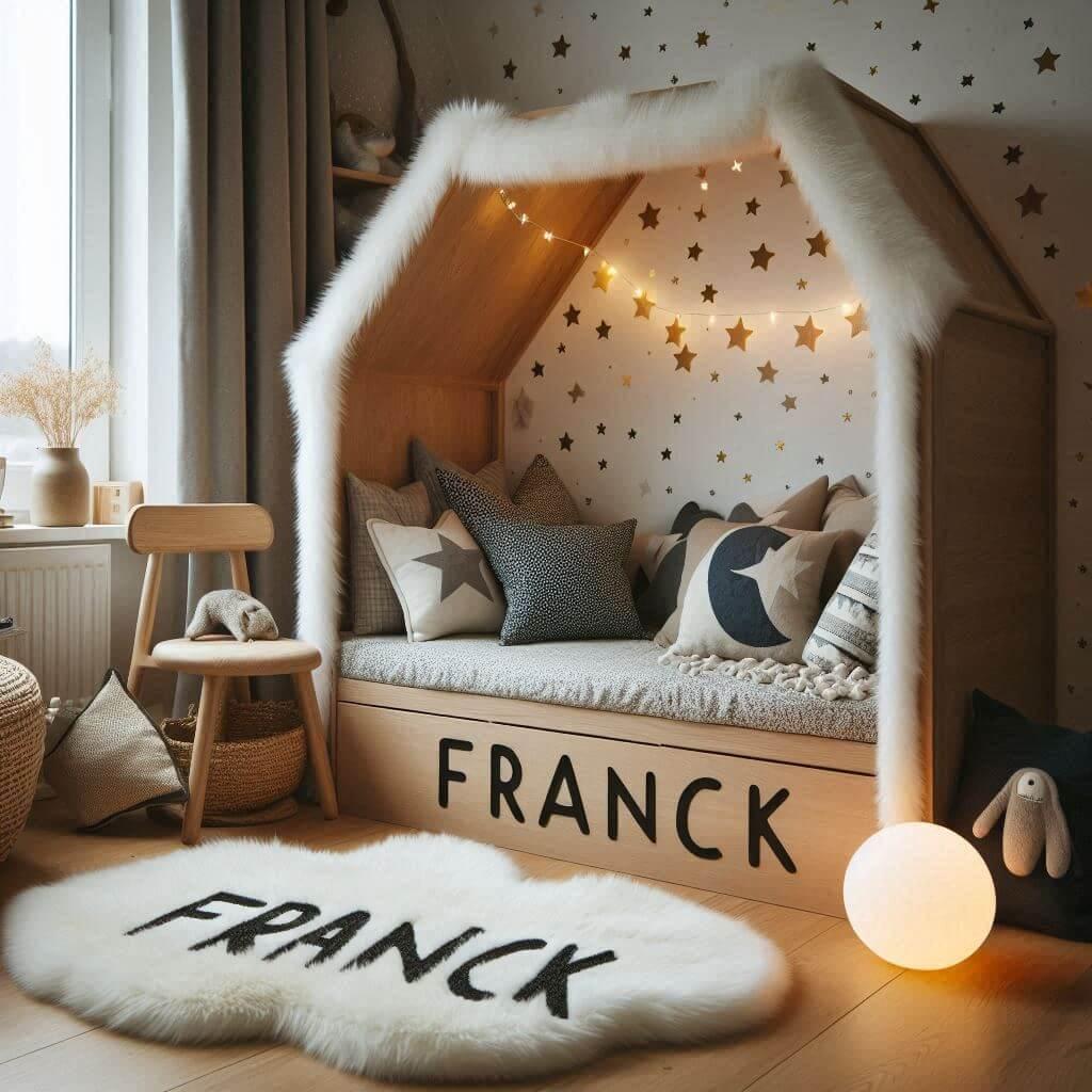 Une chambre de petit garcon qui se nomme franck avec un lit cabane un tapis de fourrure style scandinave coussins en forme detoiles coussins en forme de lune le prenom franck est e
