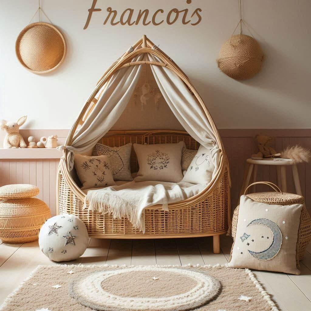 Une chambre de petit garcon qui se nomme francois avec un lit cabane en rotin un tapis en laine moelleuse style boheme chic