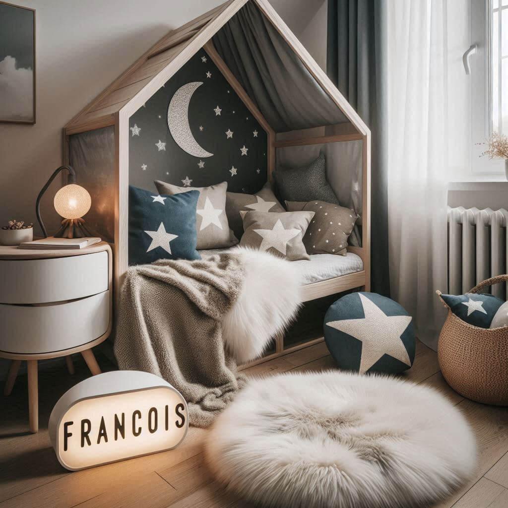 Une chambre de petit garcon qui se nomme francois avec un lit cabane un tapis de fourrure