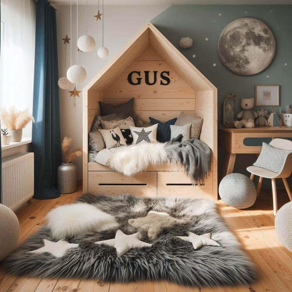 Chambre garçon Gus avec lit cabane, tapis de fourrure, style scandinave, coussins étoiles et lune.
