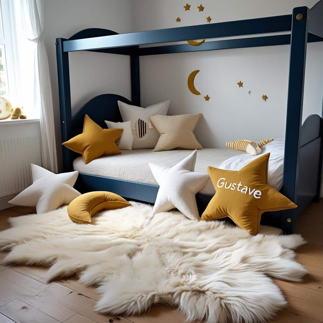 Une chambre de petit garcon qui se nomme gustave avec un lit cabane un tapis de fourrure style scandinave coussins en forme d etoiles coussins en forme de lune couleurs moutarde bl