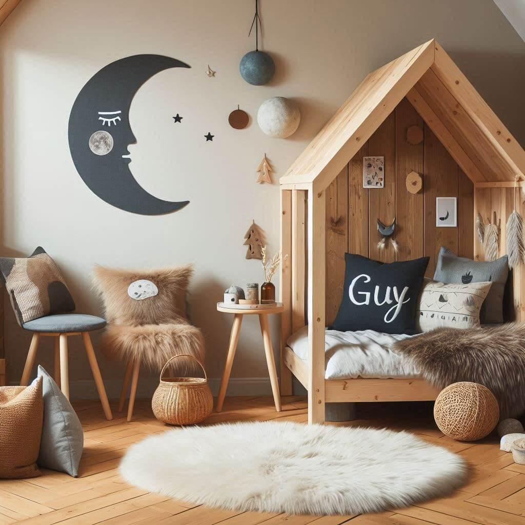 Une chambre de petit garcon qui se nomme guy avec un lit cabane un tapis de fourrure style scandinave des coussins en forme de toiles et de lunes guy est brode sur un coussin aux c