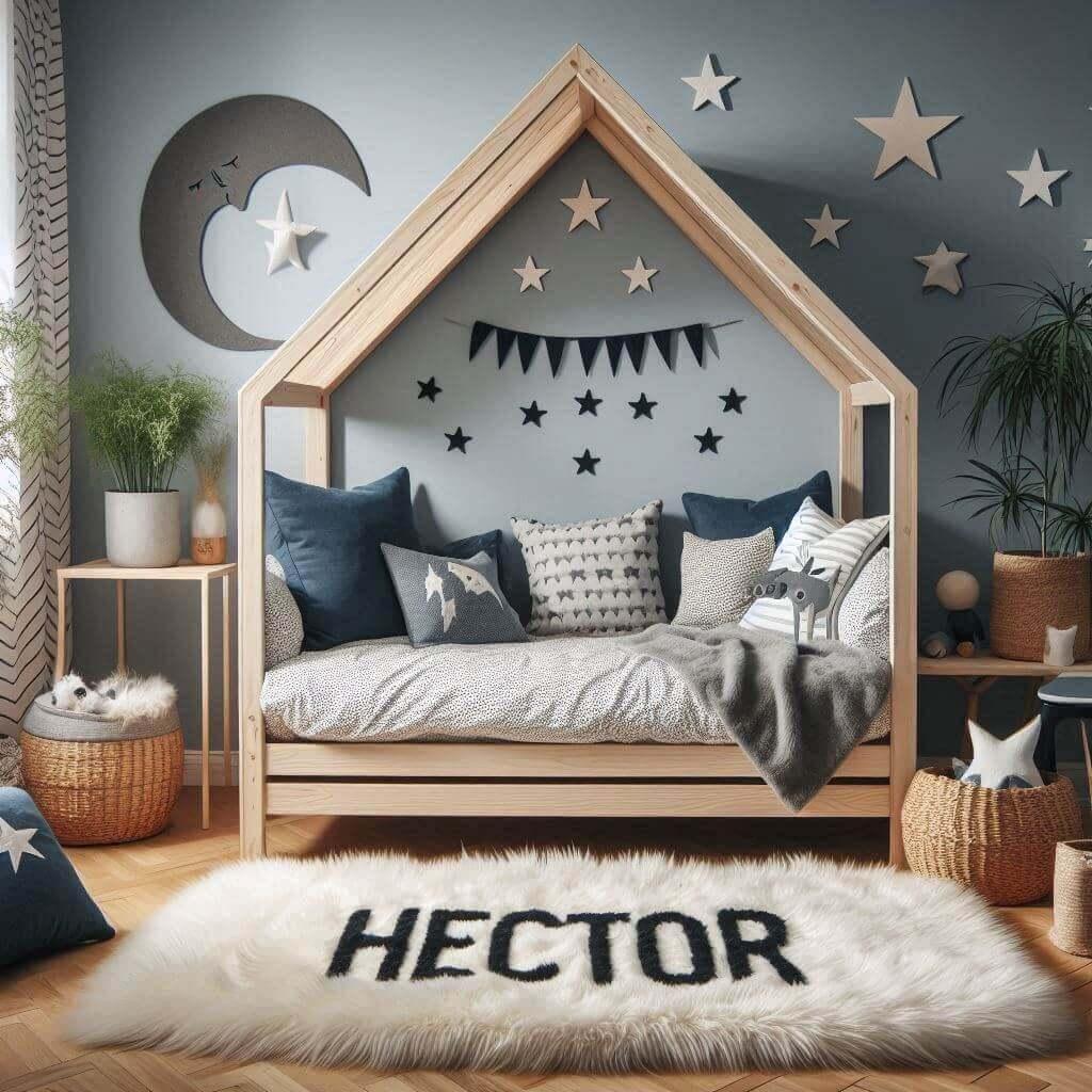 Chambre enfant Hector avec lit cabane, tapis en fausse fourrure, coussins étoiles et lune