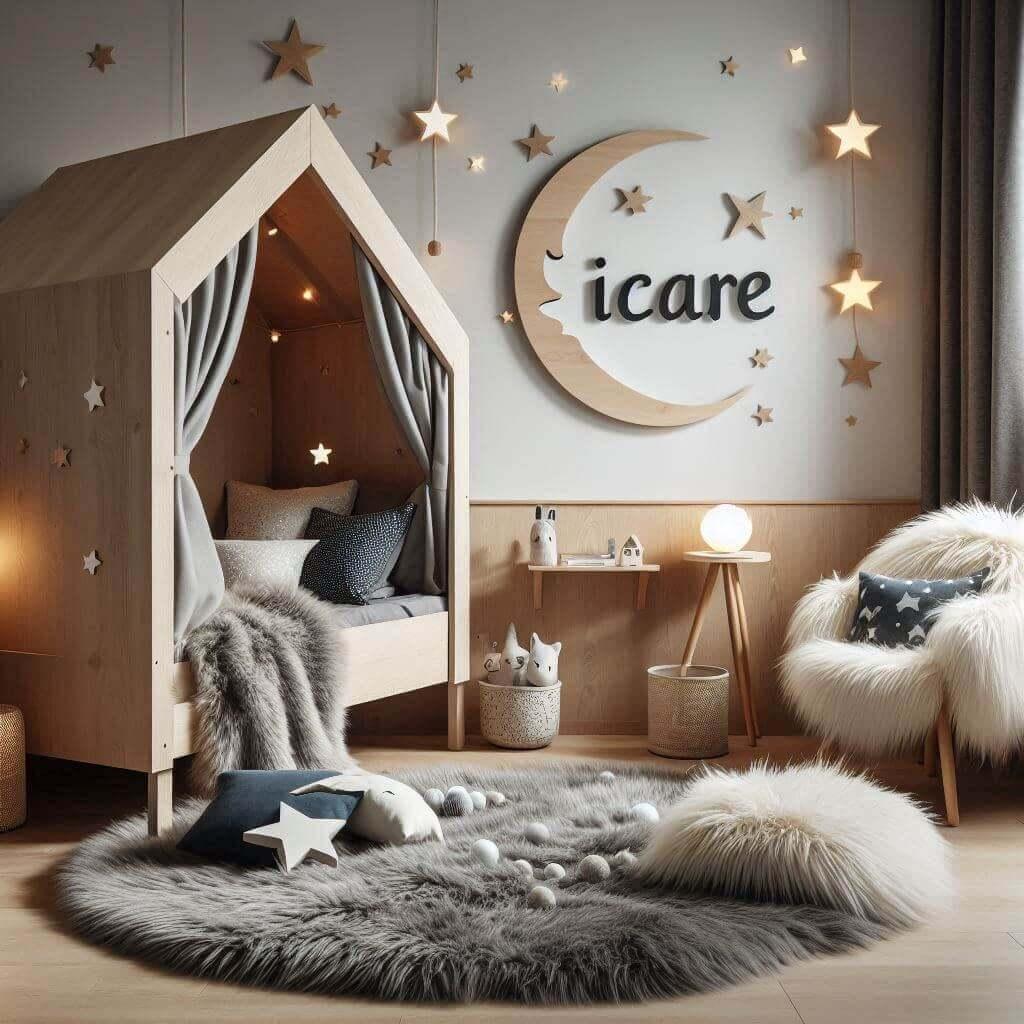 Une chambre de petit garcon qui se nomme icare avec un lit cabane un tapis de fourure style scandinave