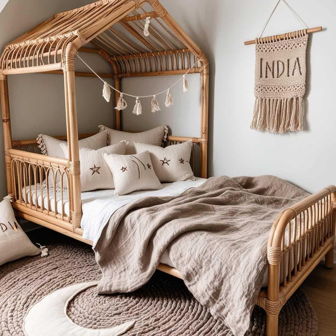 Une chambre de petit garcon qui se nomme india avec un lit cabane en rotin un tapis en laine moelleuse style boheme chic une deco douce et naturelle des coussins en lin brode en fo