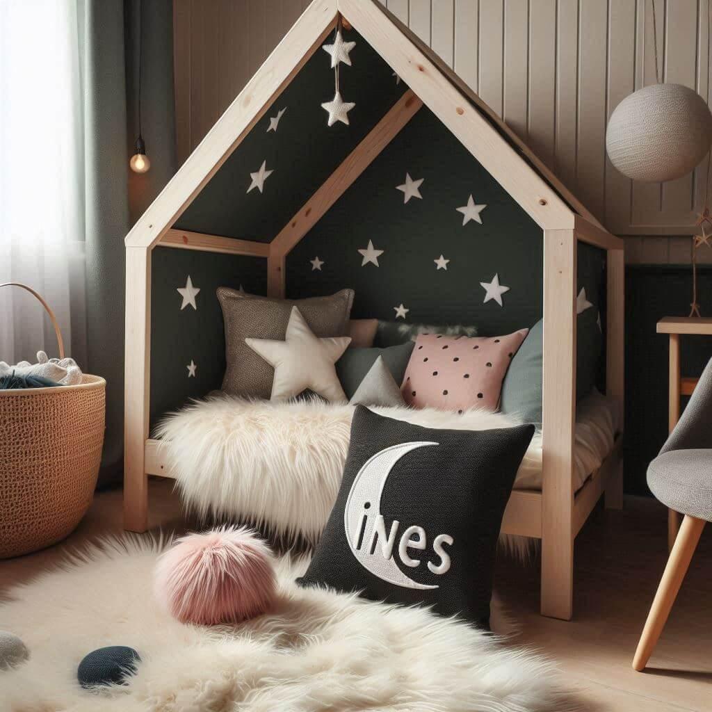 Une chambre de petite fille qui se nomme ines avec un lit cabane un tapis de fourrure style scandinave coussins en forme d etoiles coussins en forme de lune ines est brode sur un c