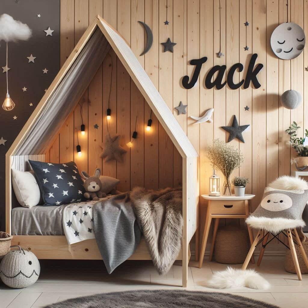 Une chambre de petit garcon qui se nomme jack avec un lit cabane un tapis de fourrure style scandinave coussins en forme detoiles coussins en forme de lune le prenom jack est ecrit