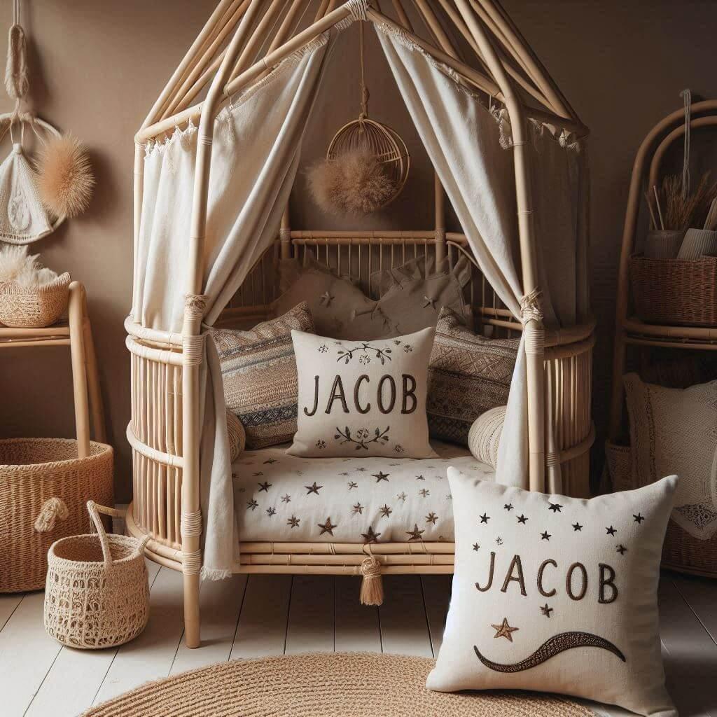 Une chambre de petit garcon qui se nomme jacob avec un lit cabane en rotin un tapis en laine moelleuse style boheme chic une deco douce et naturelle des coussins en lin brode en fo