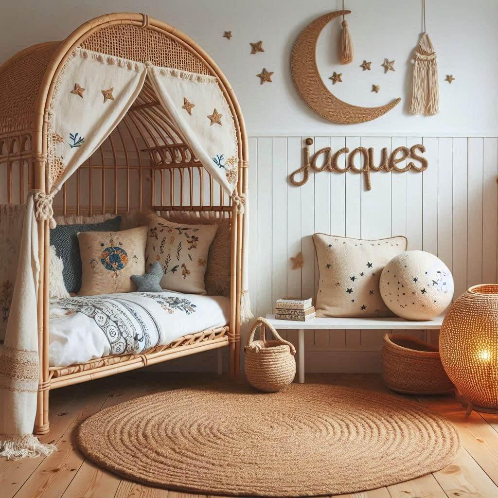 Une chambre de petit garcon qui se nomme jacques avec un lit cabane en rotin un tapis en laine moelleuse style boheme chic une deco douce et naturelle des coussins en lin brode en