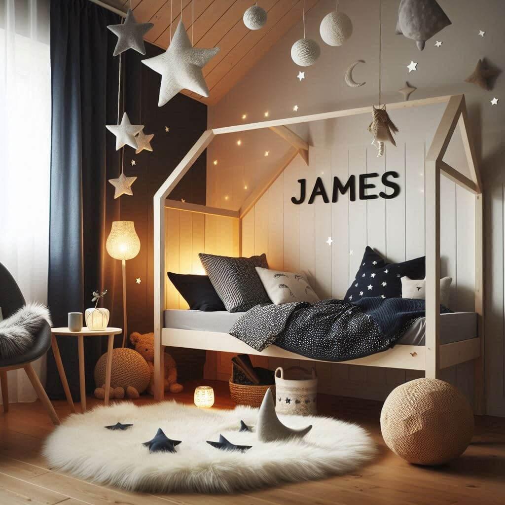 Une chambre de petit garcon qui se nomme james avec un lit cabane un tapis de fourure style scandinave coussins en forme detoiles coussins en forme de lune le prenom james est ecri