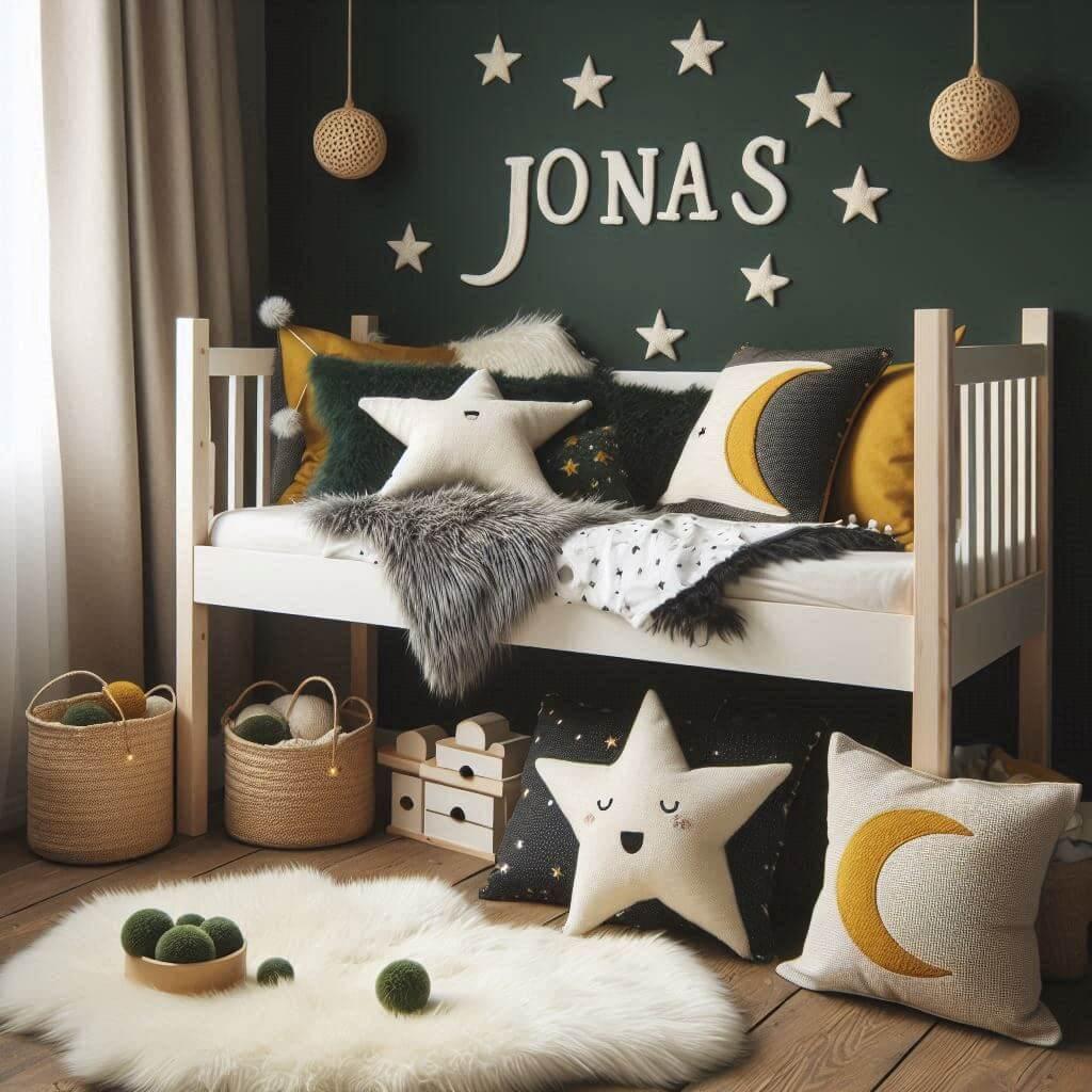 Une chambre de petit garcon qui se nomme jonas avec un lit cabane un tapis de fourrure style scandinave coussins en forme d etoiles coussins en forme de lune jonas est brode sur un