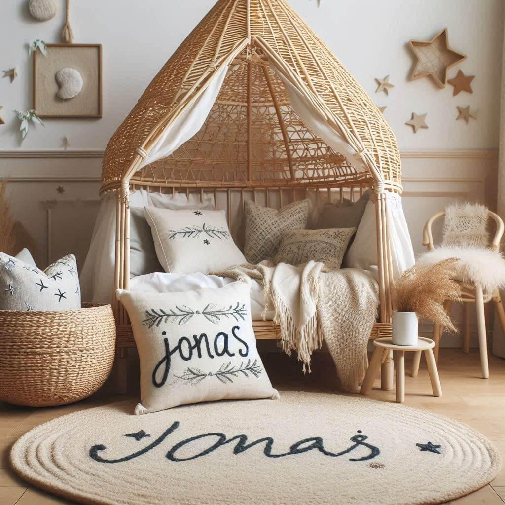 Une chambre de petit garcon qui se nomme jonas ecrit en francais avec un lit cabane en rotin un tapis en laine moelleuse style boheme chic une deco douce et naturelle des coussins