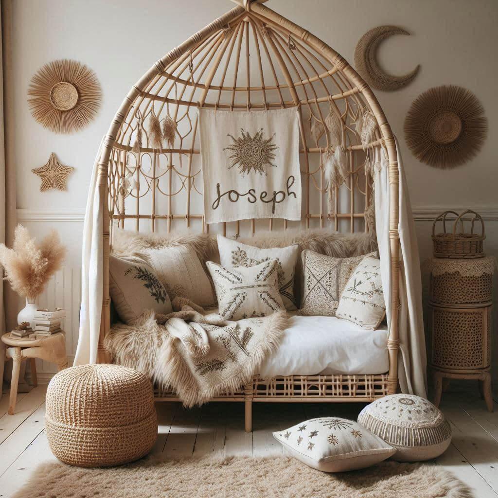Une chambre de petit garcon qui se nomme joseph avec un lit cabane en rotin un tapis en laine moelleuse style boheme chic une deco douce et naturelle des coussins en lin brode en f