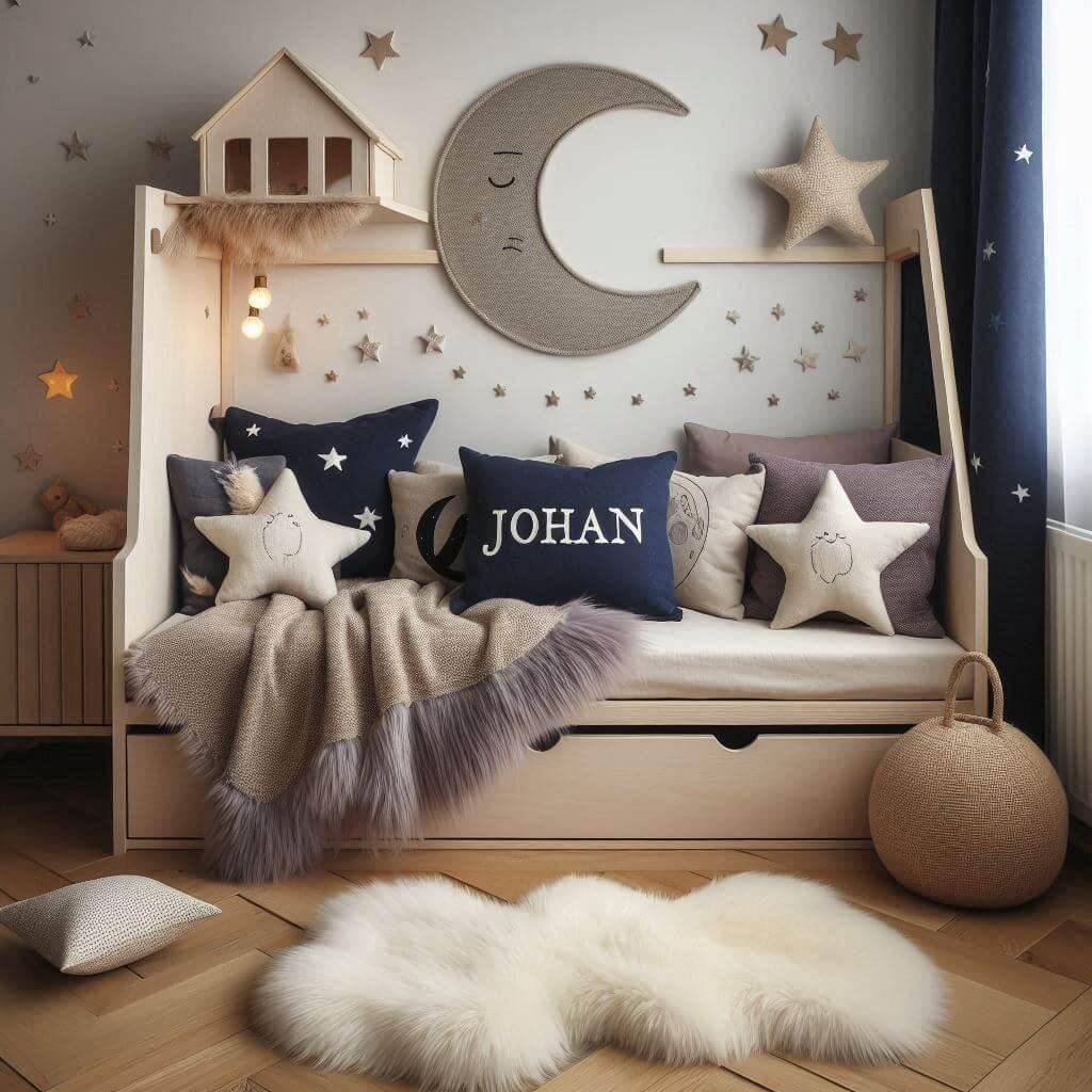 Une chambre de petit garcon qui se nomme josian avec un lit cabane un tapis de fourrure style scandinave coussins en forme detoiles coussins en forme de lune le prenom johan