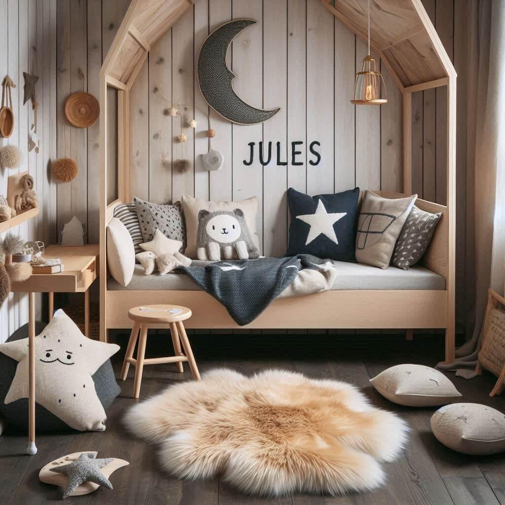 Une chambre de petit garcon qui se nomme jules avec un lit cabane un tapis de fourure style scandinave