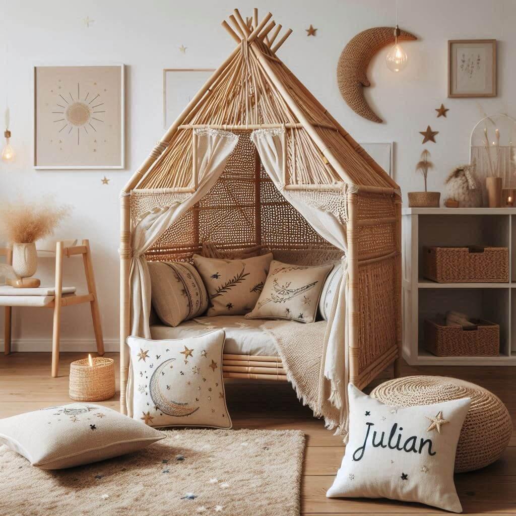 Une chambre de petit garcon qui se nomme julian avec un lit cabane en rotin un tapis en laine moelleuse style boheme chic une deco douce et naturelle des coussins en lin brode en f