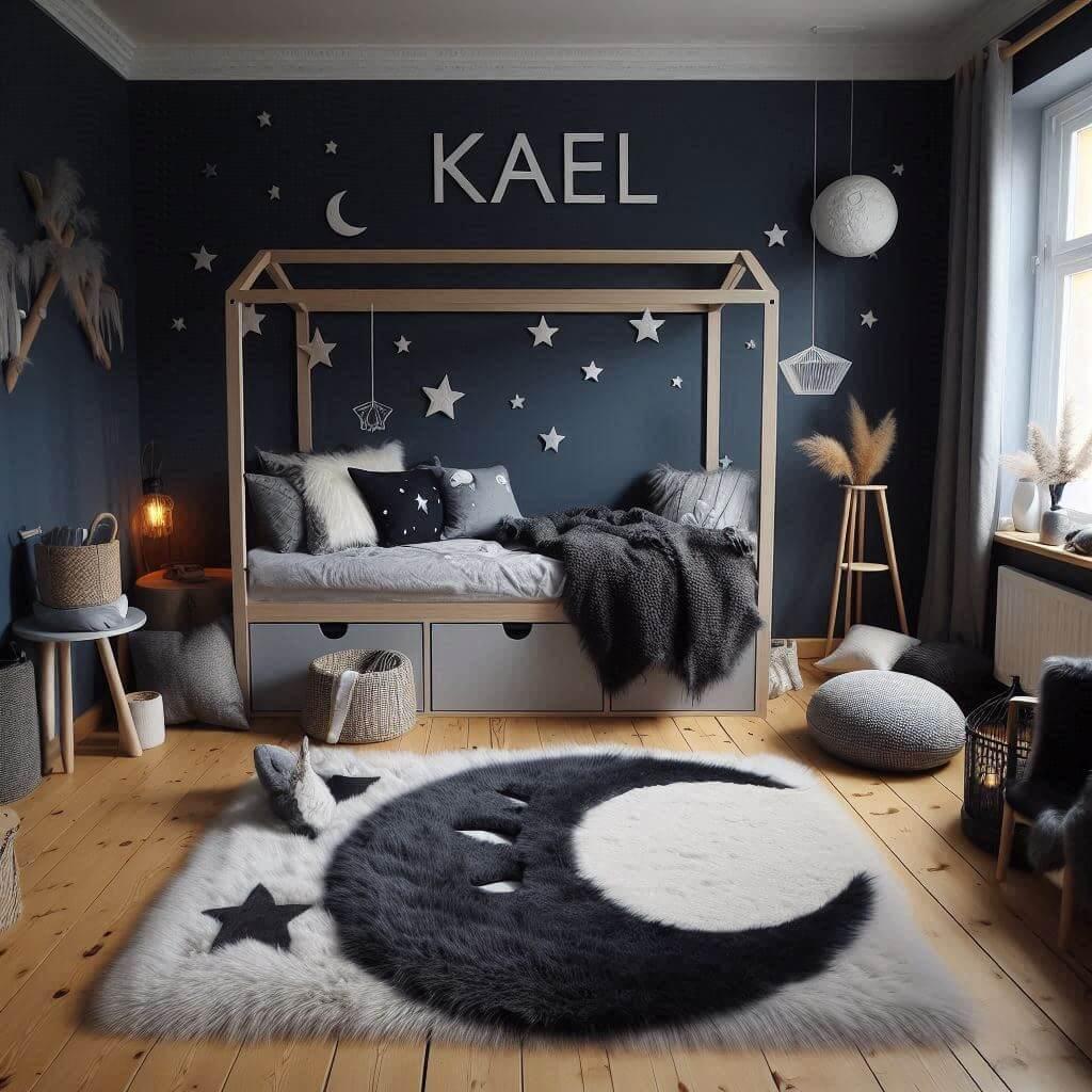 Une chambre de petit garcon qui se nomme kael avec un lit cabane un tapis de fourrure style scandinave coussins en forme detoiles prenom kael