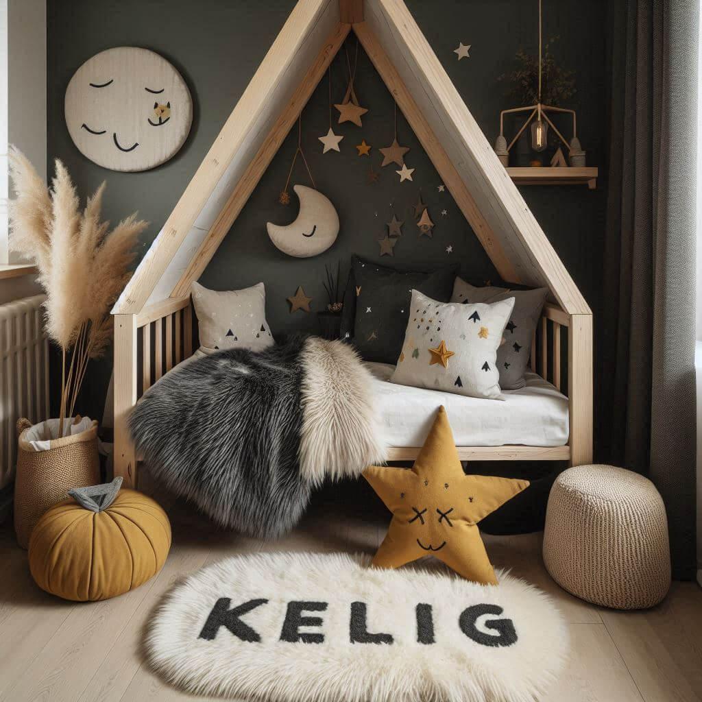 Une chambre de petit garcon qui se nomme kelig avec un lit cabane un tapis de fourrure style scandinave coussins en forme d etoiles coussins en forme de lune kelig est brode sur un
