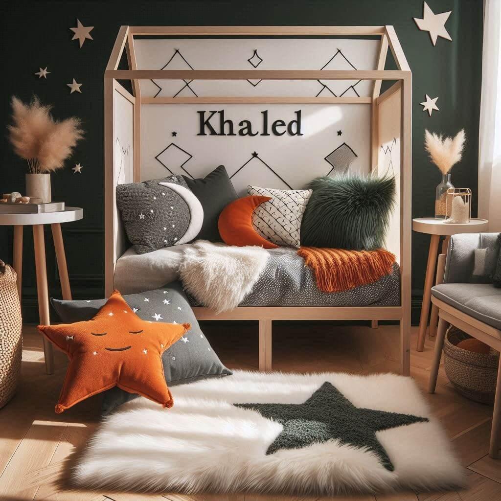 Une chambre de petit garcon qui se nomme khaled avec un lit cabane un tapis de fourrure style scandinave coussins en forme d etoiles coussins en forme de lune khaled est brode sur