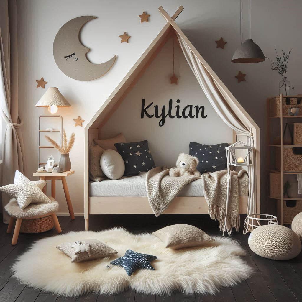Une chambre de petit garcon qui se nomme kylian avec un lit cabane un tapis de fourrure style scandinave