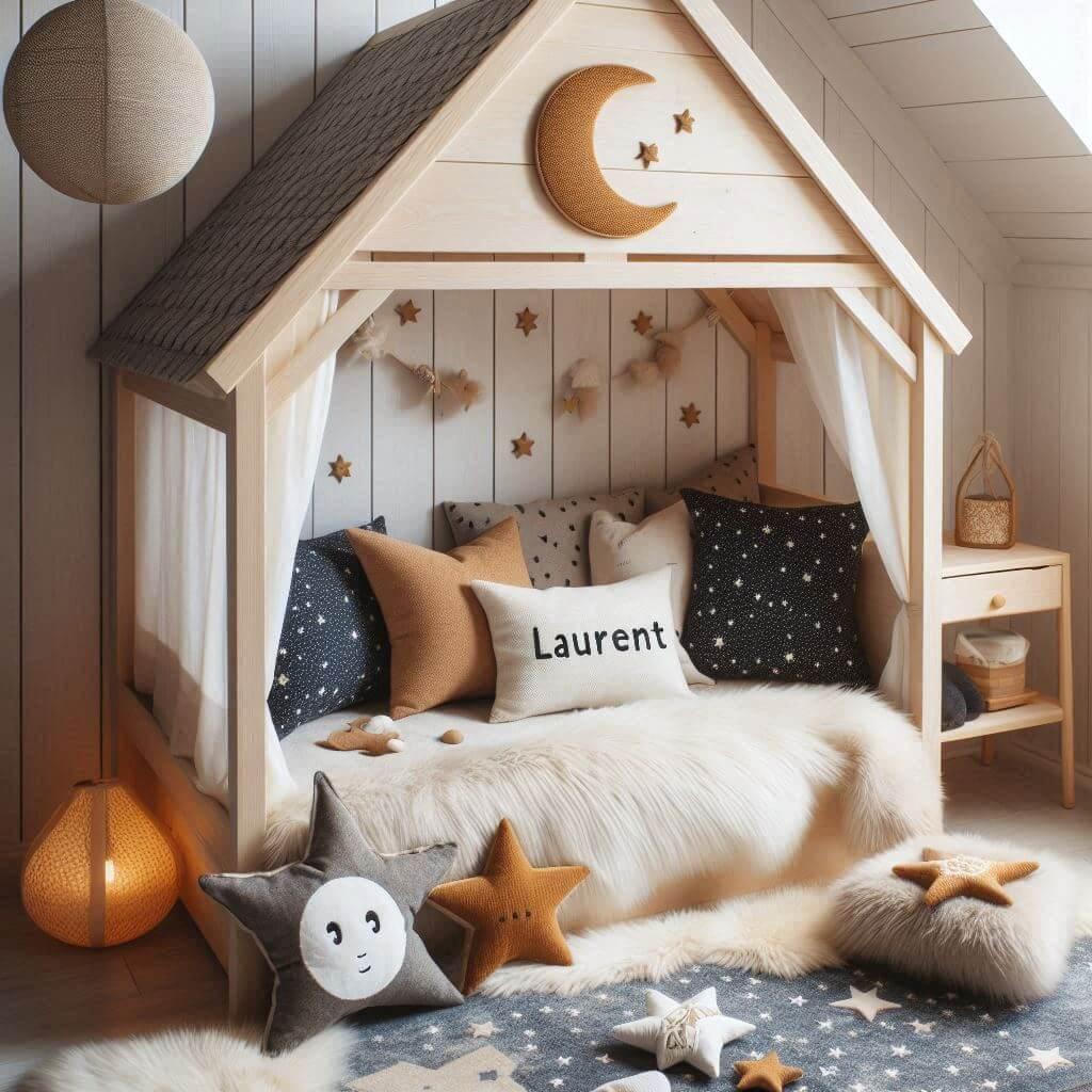 Une chambre de petit garcon qui se nomme laurent avec un lit cabane un tapis de fourrure style scandinave des coussins en forme detoiles des coussins en forme delune et laurent est