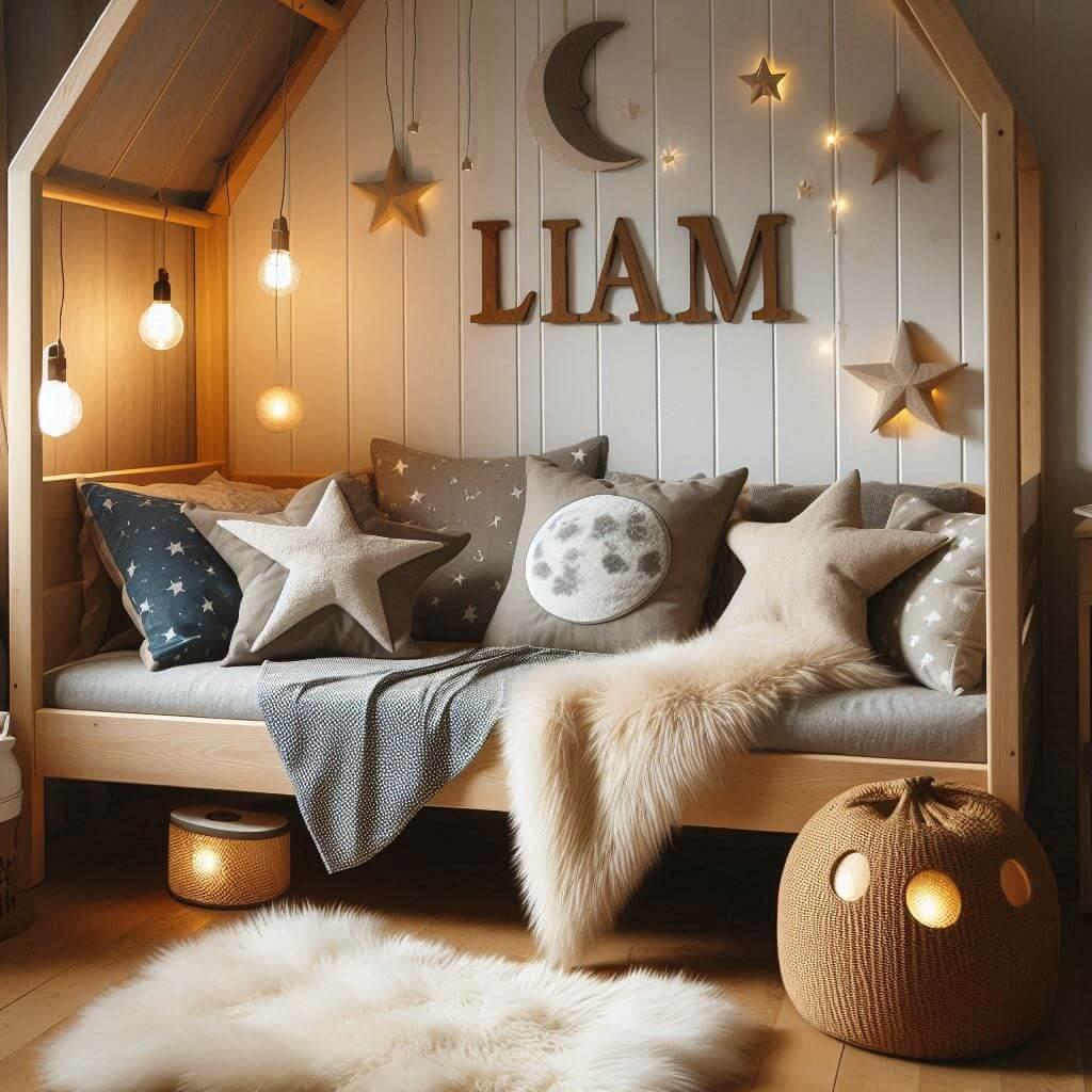 Une chambre de petit garcon qui se nomme liam avec un lit cabane un tapis de fourure style scandinave coussins en forme detoiles coussins en forme de lune le prenom liam est ecrit