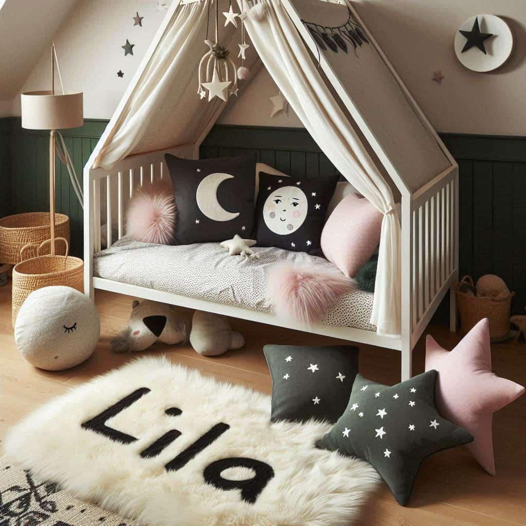 Une chambre de petit garcon qui se nomme lila avec un lit cabane un tapis de fourrure style scandinave coussins en forme d etoiles coussins en forme de lune lila est brode sur un c