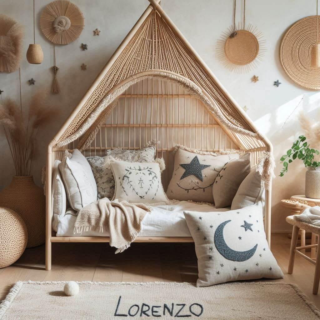 Chambre enfant garçon Lorenzo avec lit cabane en rotin, tapis en laine, coussins étoiles et lune, déco bohème chic.