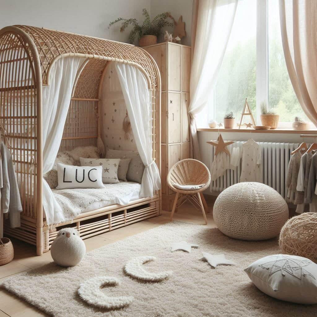 Une chambre de petit garcon qui se nomme luc avec un lit cabane en rotin un tapis en laine moelleuse style boheme chic