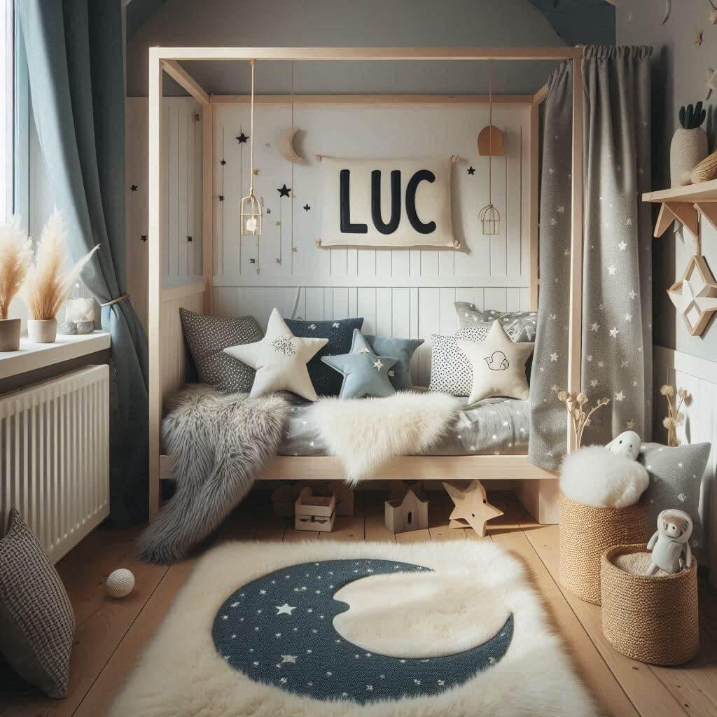 Une chambre de petit garcon qui se nomme luc avec un lit cabane un tapis de fourure style scandinave coussins en forme detoiles coussins en forme de lune luc est brode sur un couss