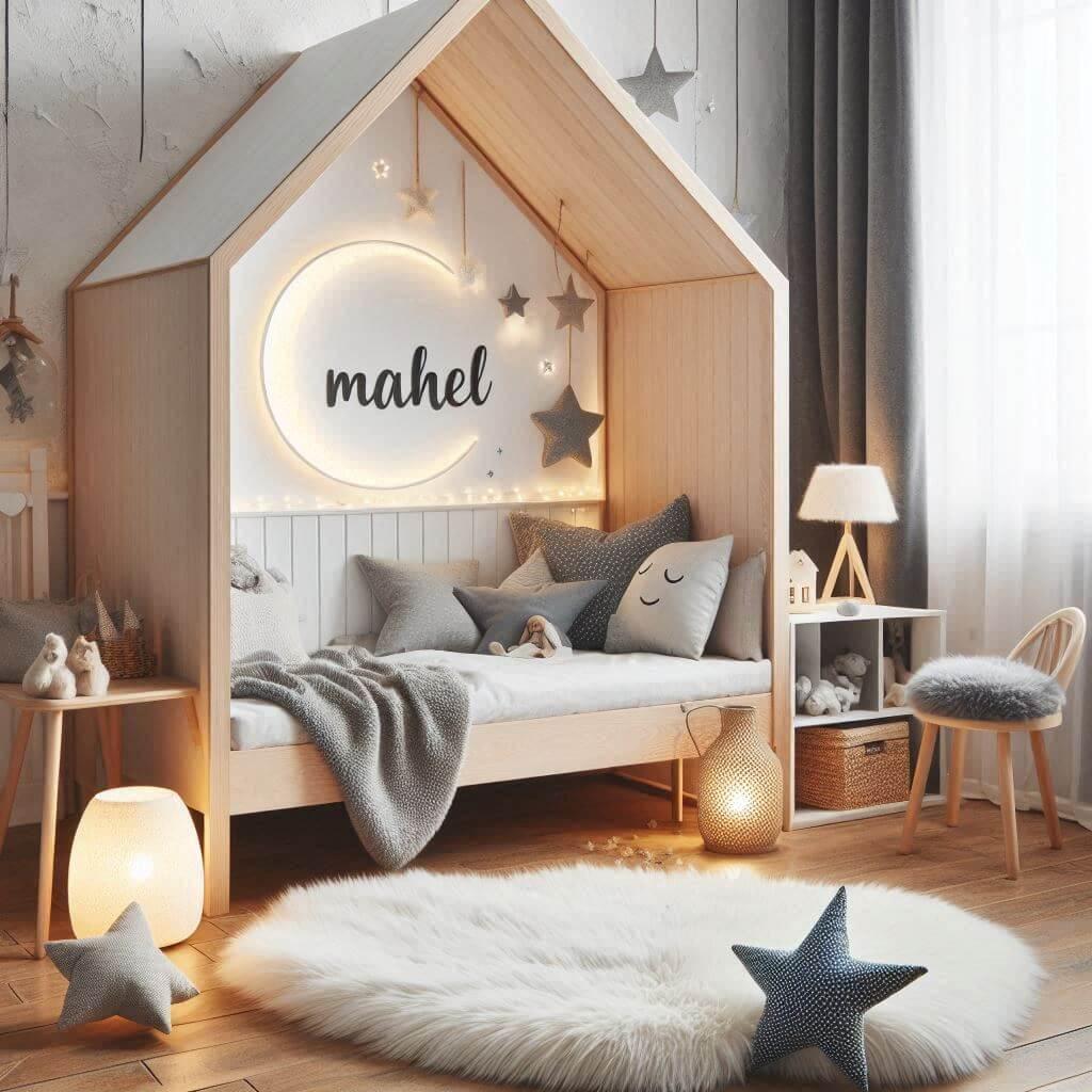 Une chambre de petit garcon qui se nomme mahel avec un lit cabane un tapis de fourrure style scandinave coussins en forme detoiles coussins en forme de lune le prenom mahel est ecr